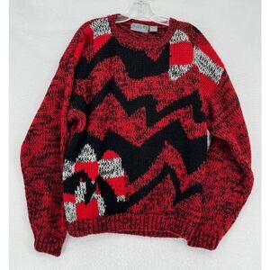 Vintage Le Tigre Mens Red Black Geometric Long Sleeve Pullover Sweater Sz L